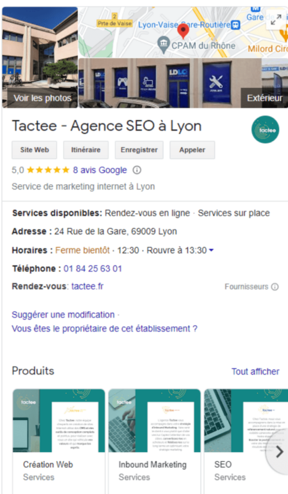 Google My Business de l'agence Tactee à Lyon
